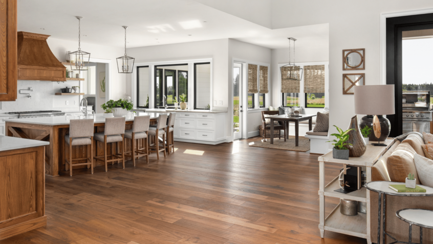 image of installed distressed engineered hardwood floors in a residential kitchen
