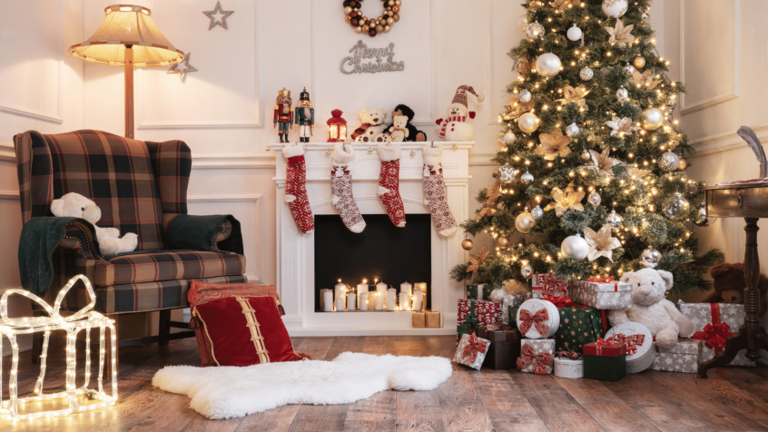 Image of Christmas tree in living room on wood floors
